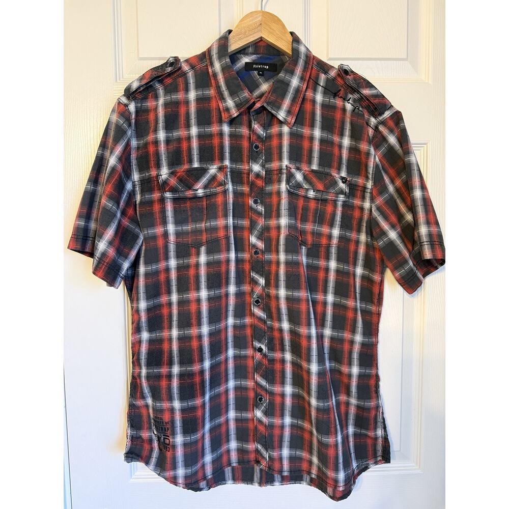 Firetrap Plaid Button Up Shirt Red Black Short Sleeve Epaulette Mens XL